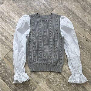 Lucy Paris Gray Cable Knit Sweater Vest with White Puff Sleeve Blouse size XS